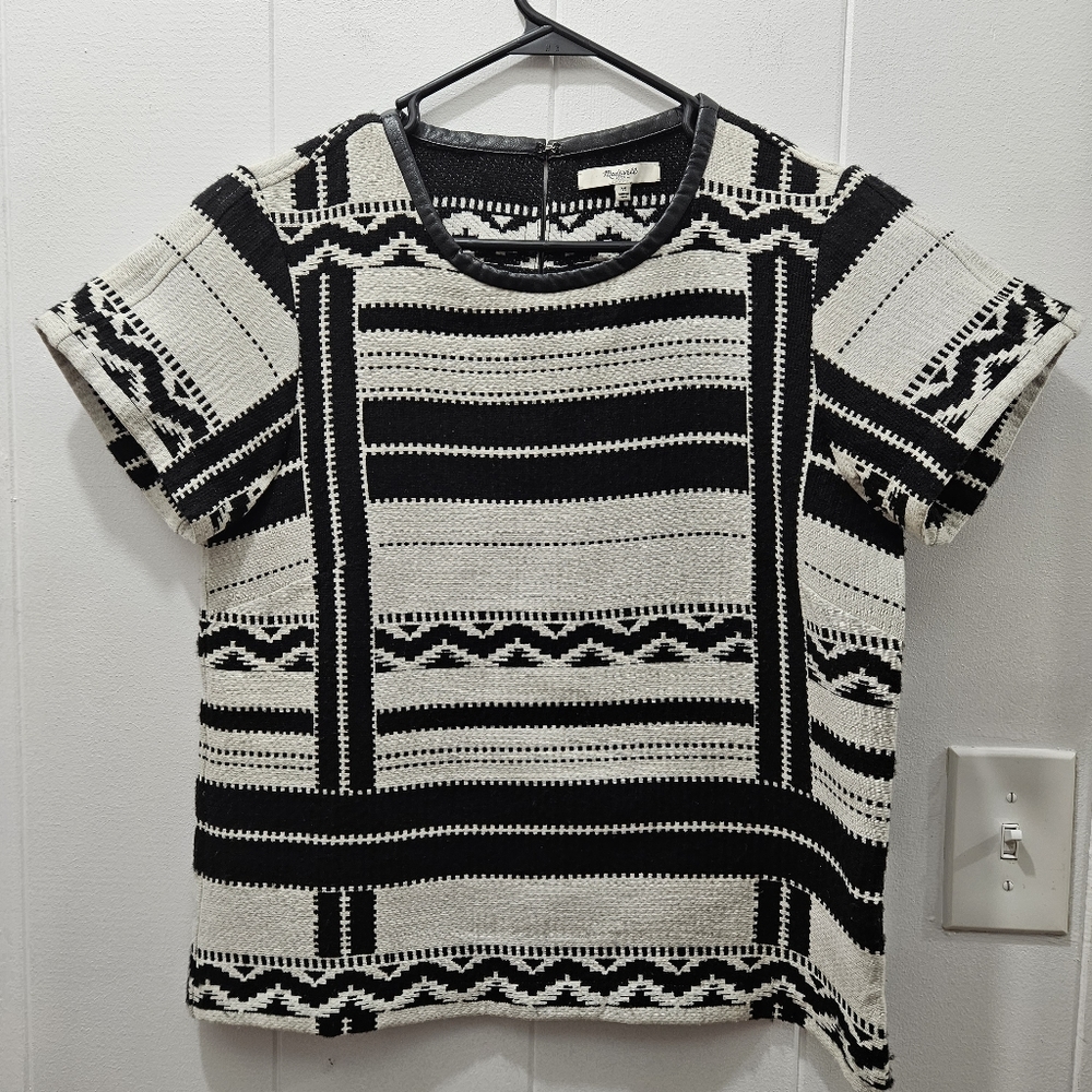 Madewell Jacquard Print Short Sleeve Black and White Knit Top Size M